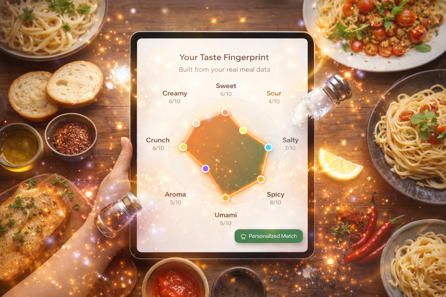 TasteOS campaign artwork: a taste fingerprint on a tablet surrounded by food